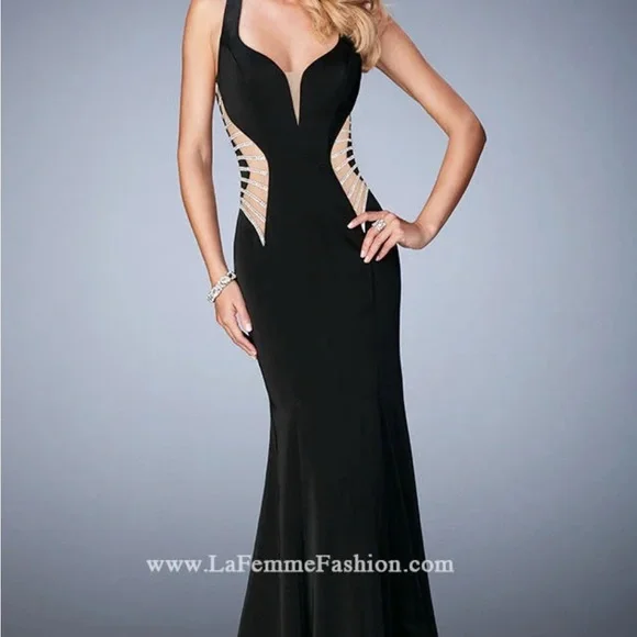 La Femme Black Sleeveless Halter Gown